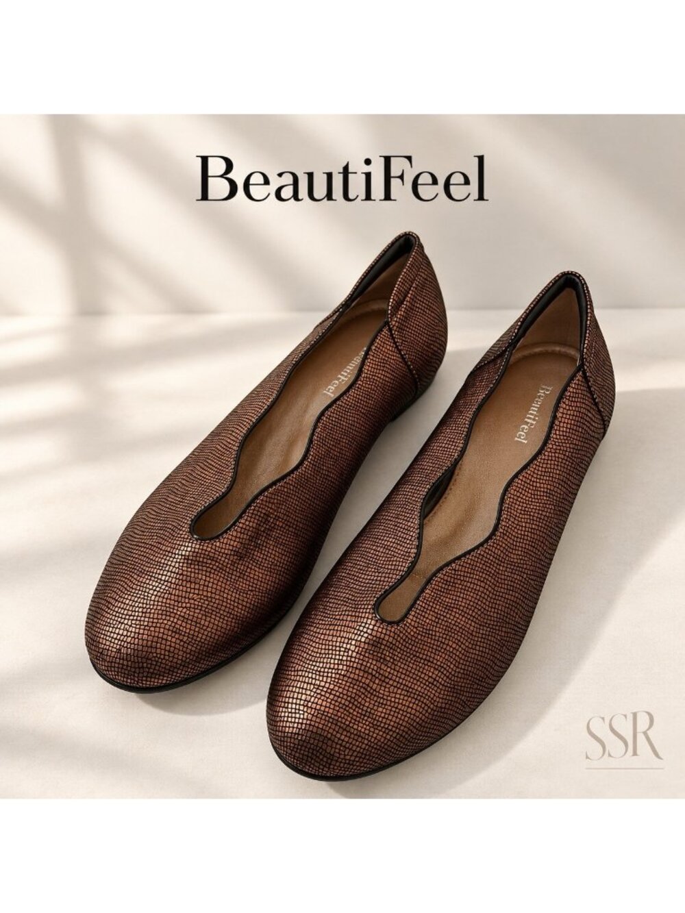 BeautiFeel Metallic Bronze Textured Leather Ballet Flats Size 40 Made in Israel